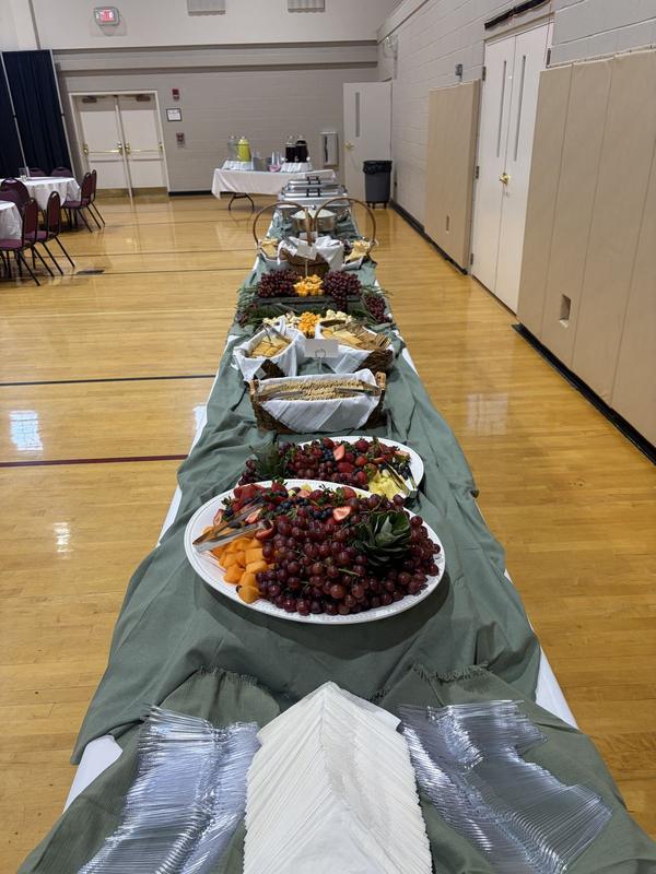 Long buffet table dressed in sage linens and lined with platters of fruit, cheese and appetizers