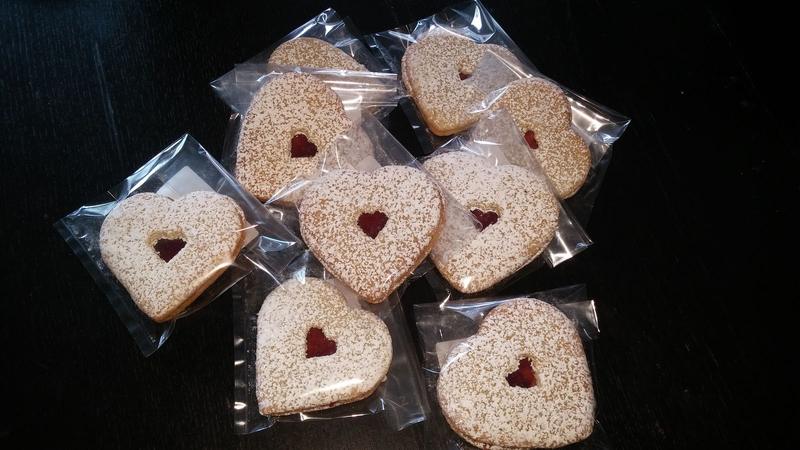 Individually bagged heart-shaped cookies with red centers
