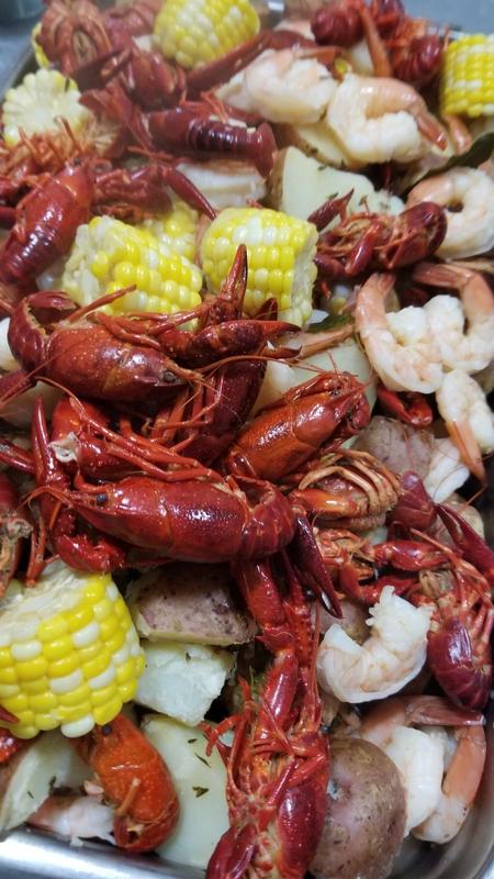 Crawfish boil with shrimp, corn and potatoes