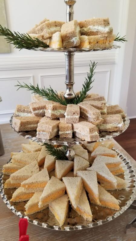 Tiered tower of assorted tea sandwiches