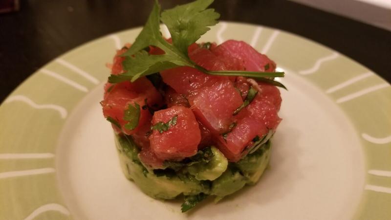 Plated ahi tuna and avocado salad